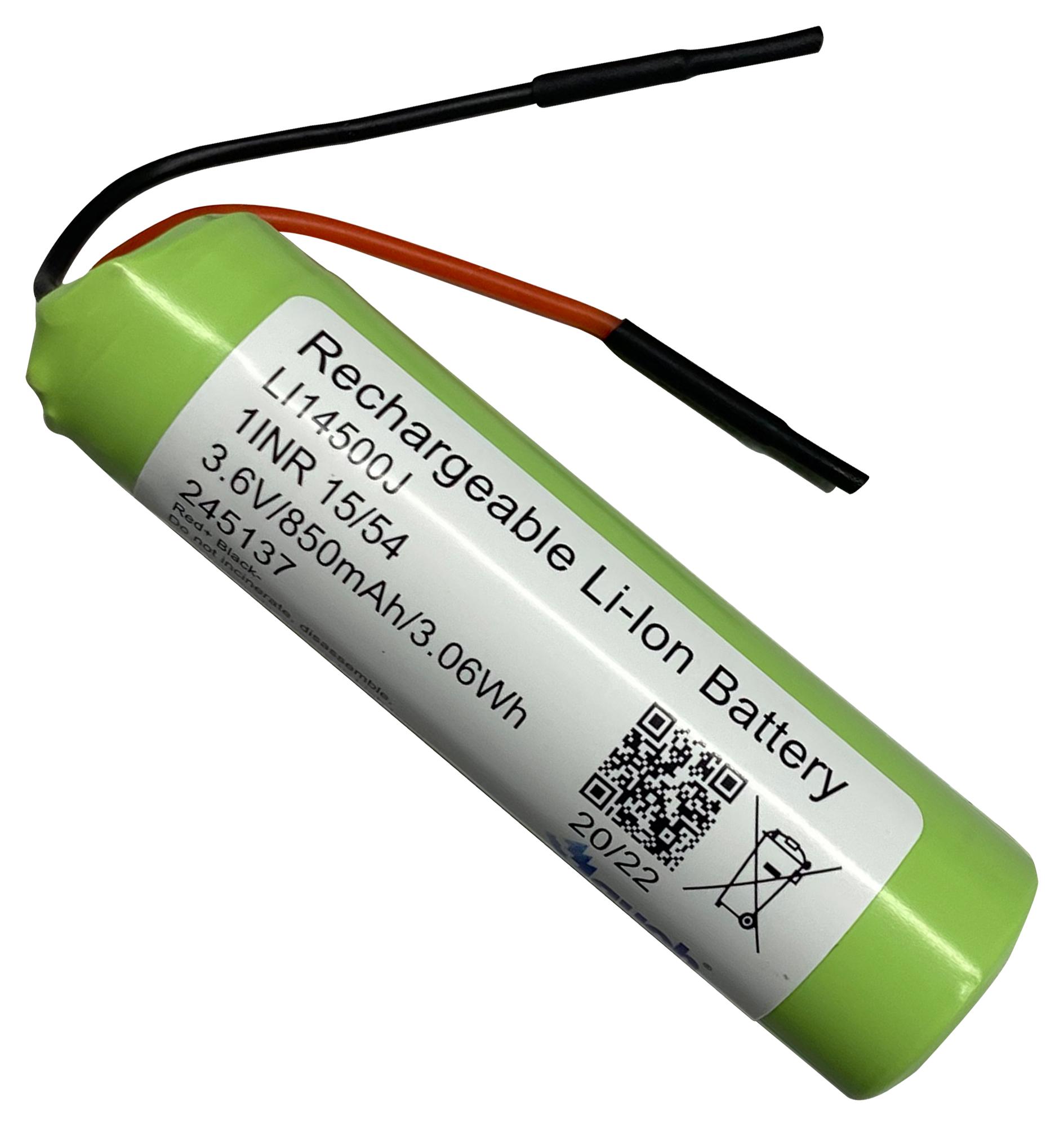 Jauch Li Ncm14500J 1S1P Batt, Rechargeable, Li-Ion, 0.85Ah, 3.6V