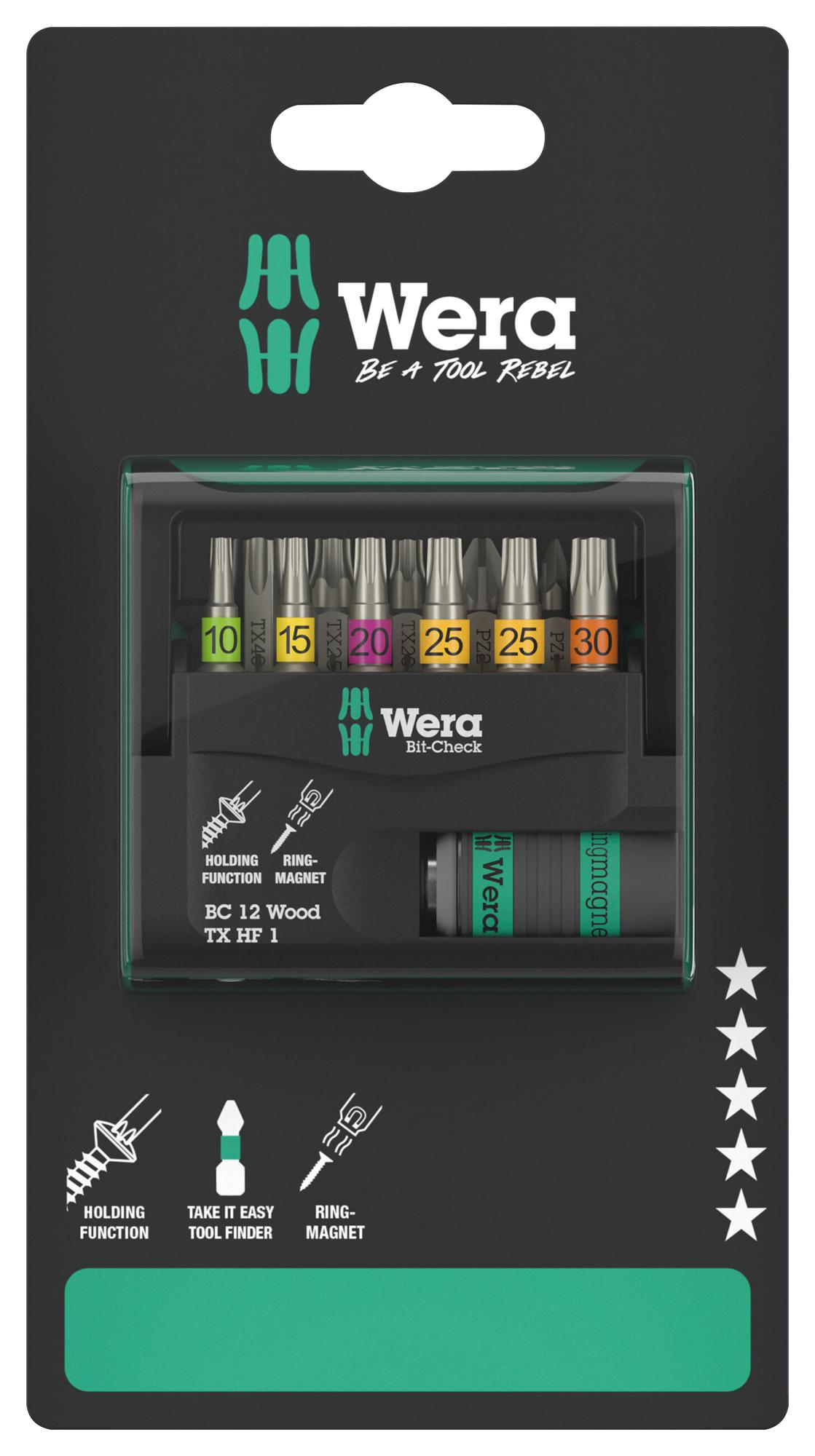 Wera 05073641001 Bit Set, Wood, Torx Hf 1 Sb, 12Pc