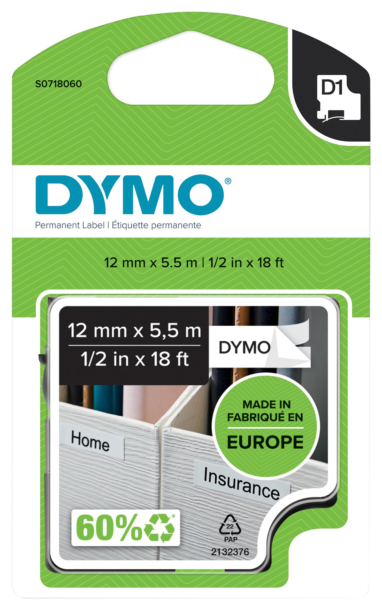 Dymo 16959 Tape, Perm, 12mm X 5.5M