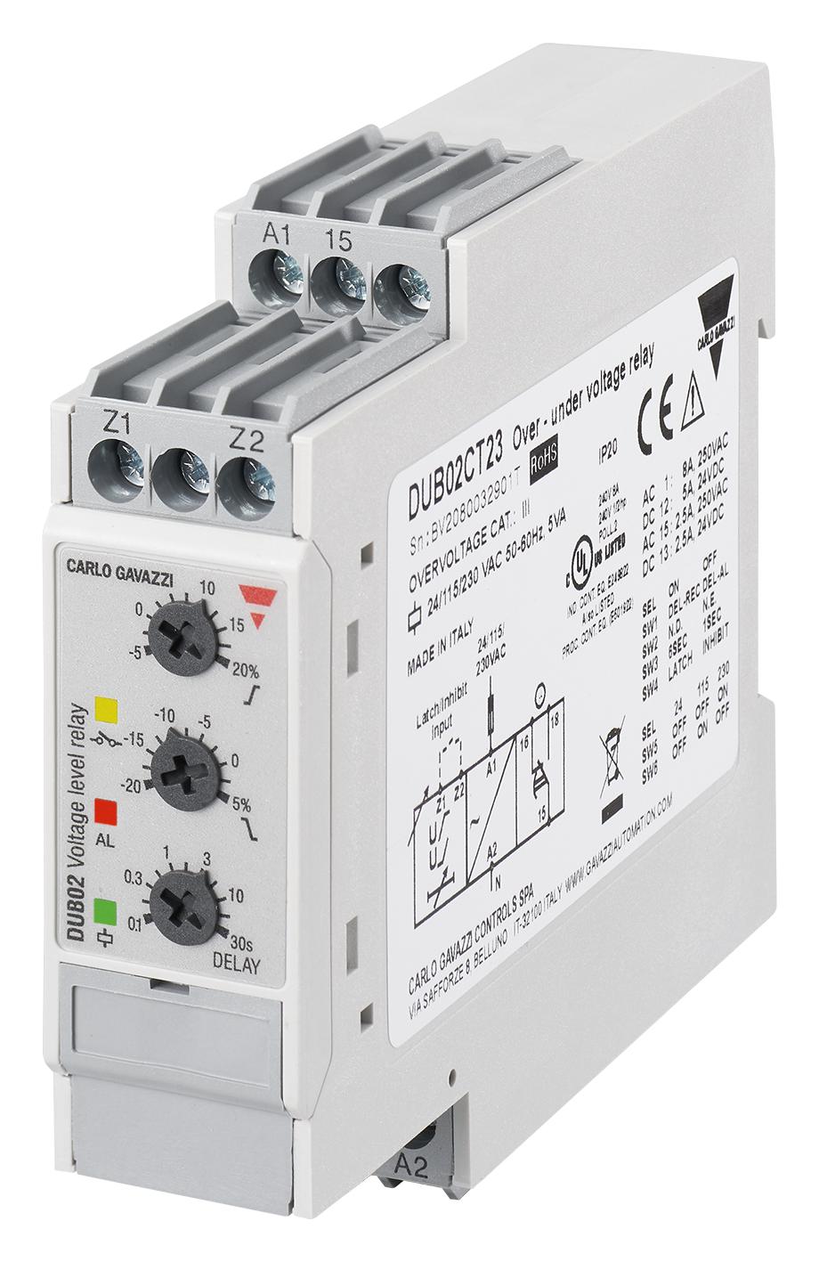 Carlo Gavazzi Dub02Ct23 Volt Monitoring Relay, Spdt, 8A, 230Vac