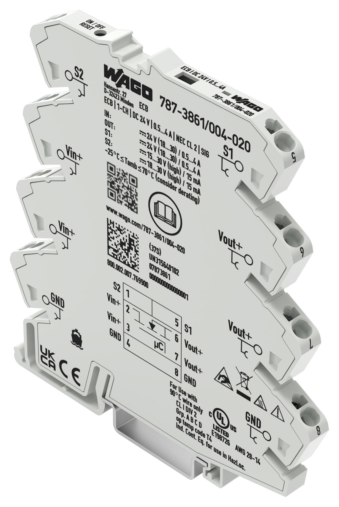 WAGO 787-3861/004-020 Electronic Ckt Breaker, 1P, 4A, 24Vdc