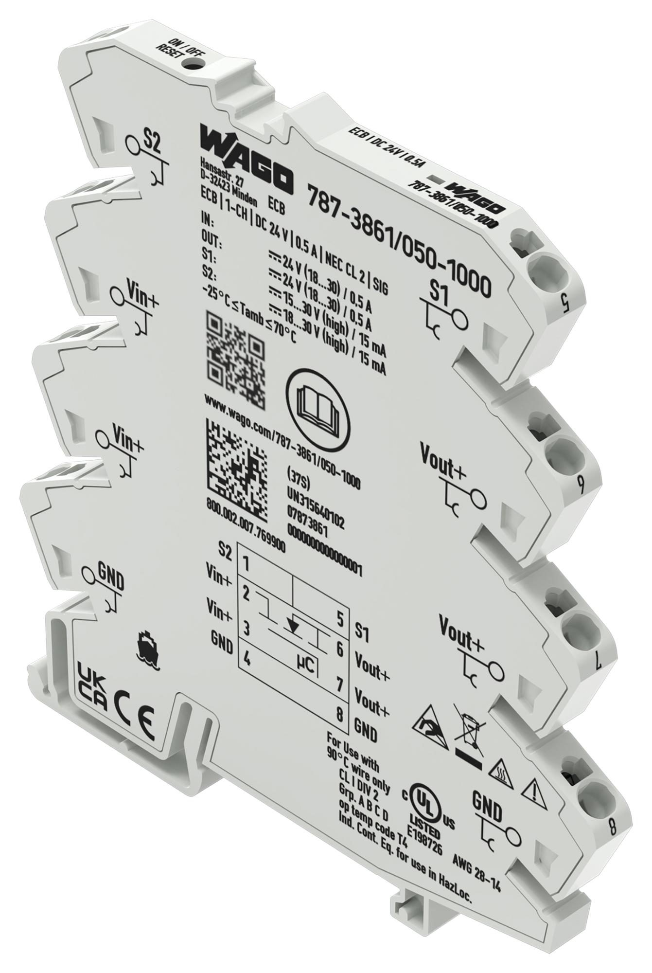 WAGO 787-3861/050-1000 Electronic Ckt Breaker, 1P, 0.5A, 24Vdc