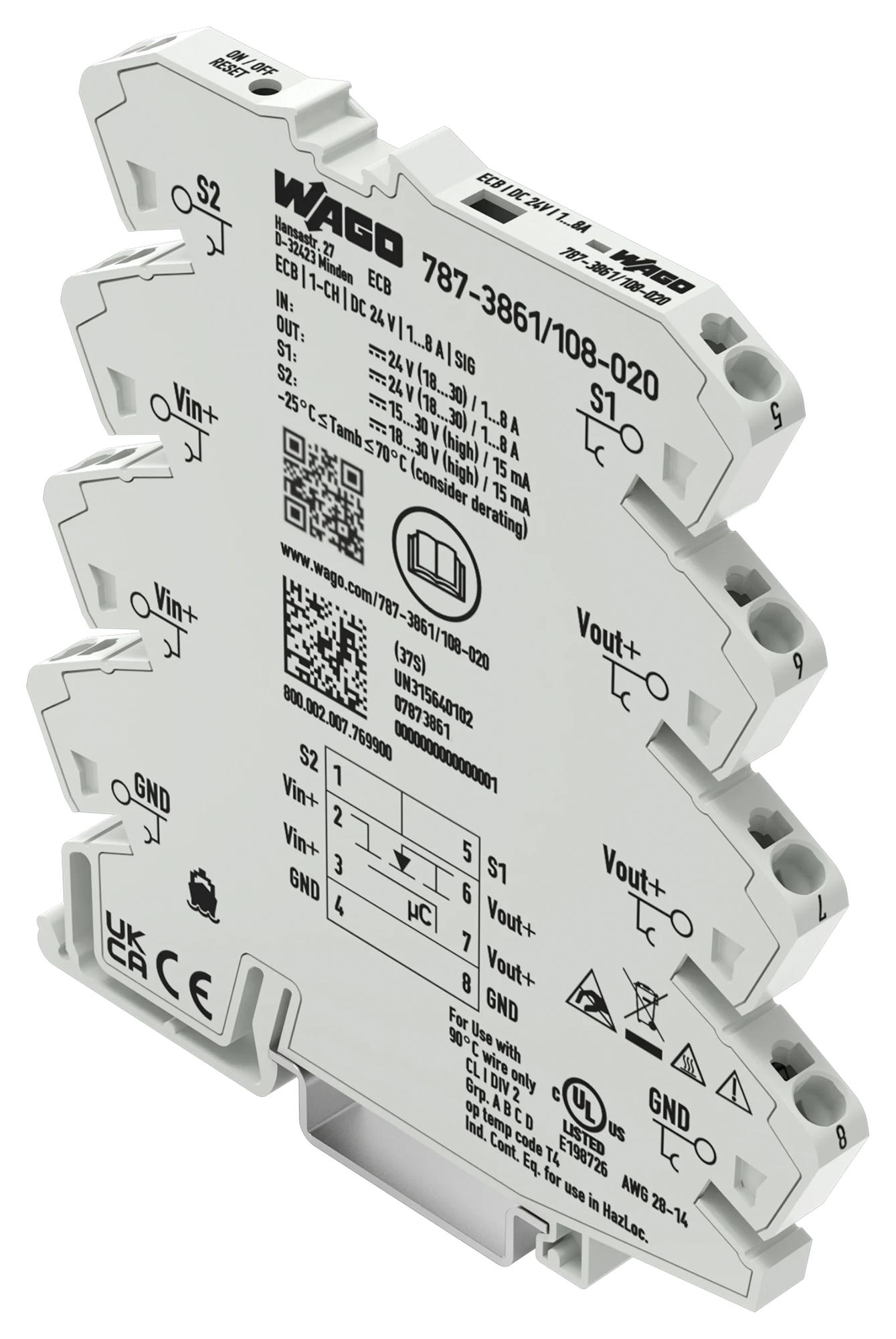 WAGO 787-3861/108-020 Electronic Ckt Breaker, 1P, 8A, 24Vdc