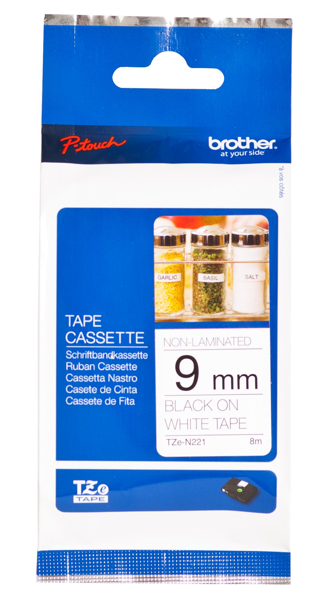 Brother Tze-N221 Tape, Black On White, 9mm W, 8M L