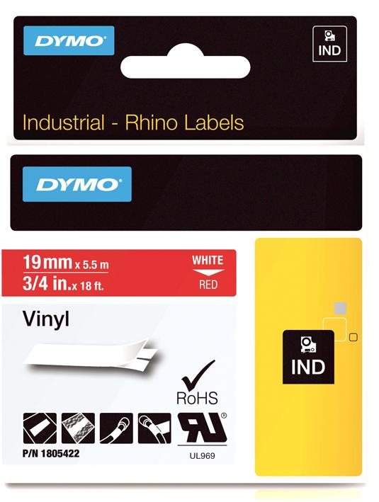 Dymo 1805422 Tape Vinyl White On Red 19mm