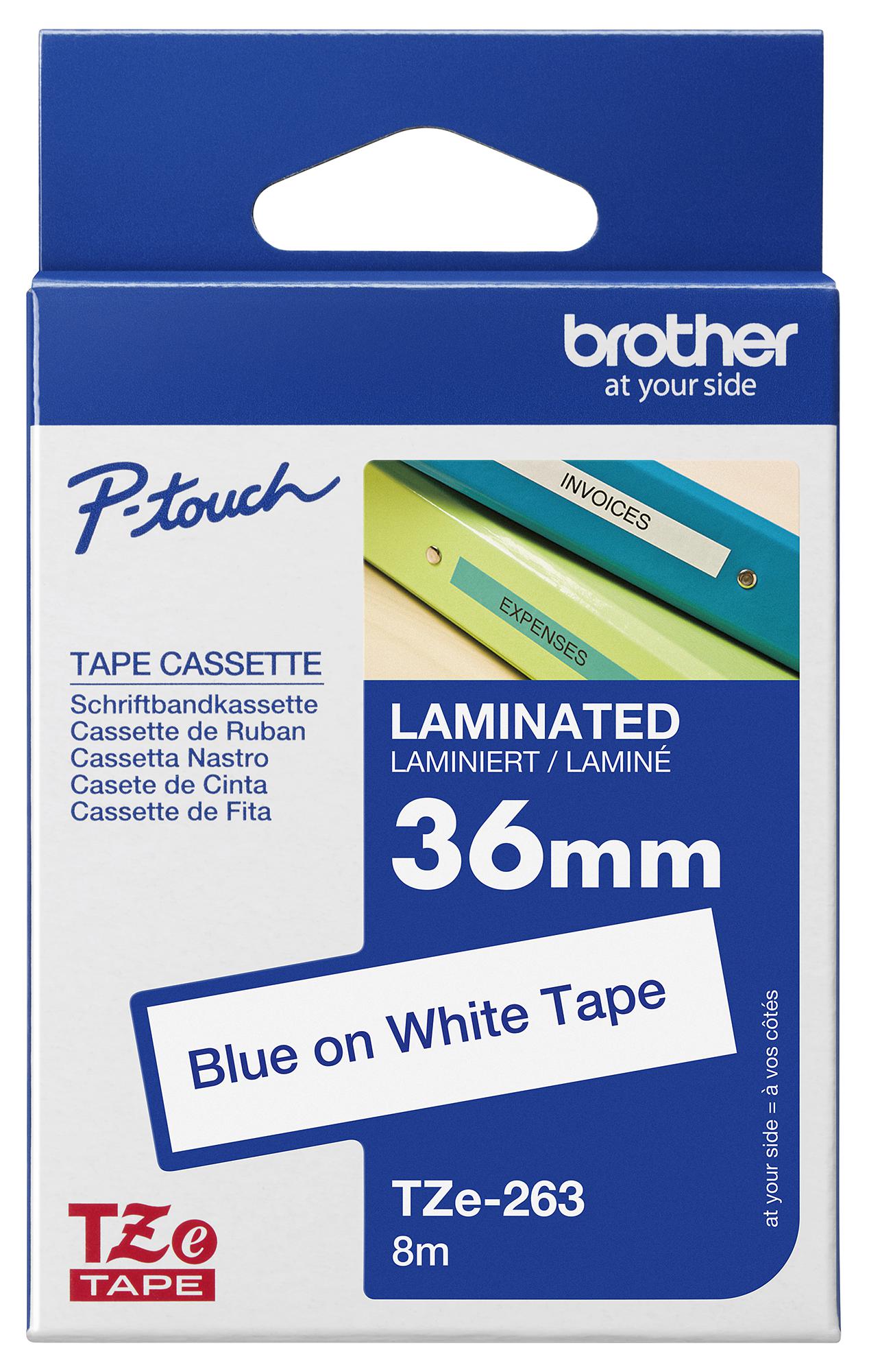 Brother Tze-263 Tape, Blue On White, 36mm