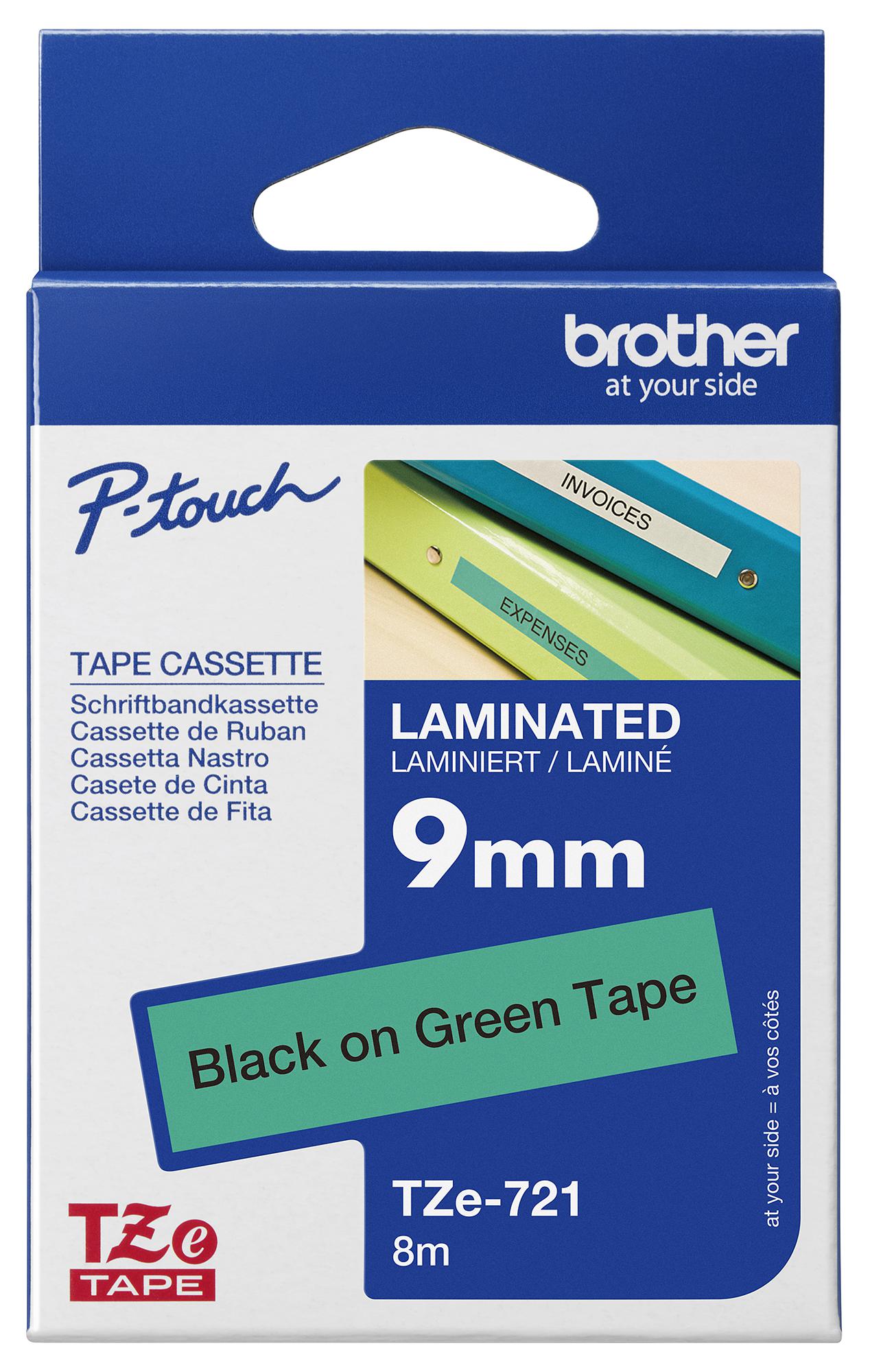 Brother Tze-721 Tape, Black On Green, 9mm