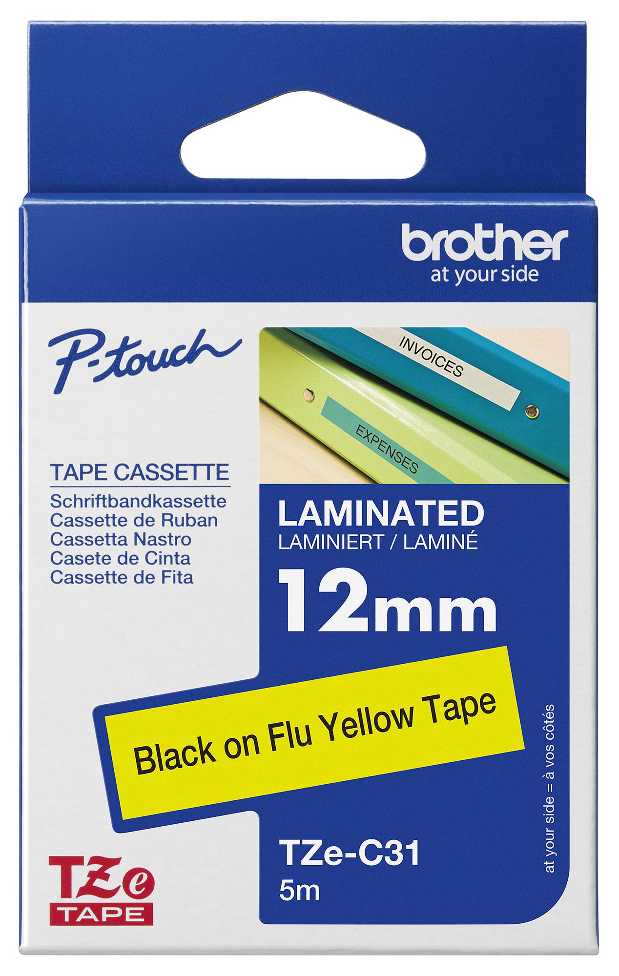 Brother Tze-C31 Tape, Black On Yellow, 12mm W, 5M L