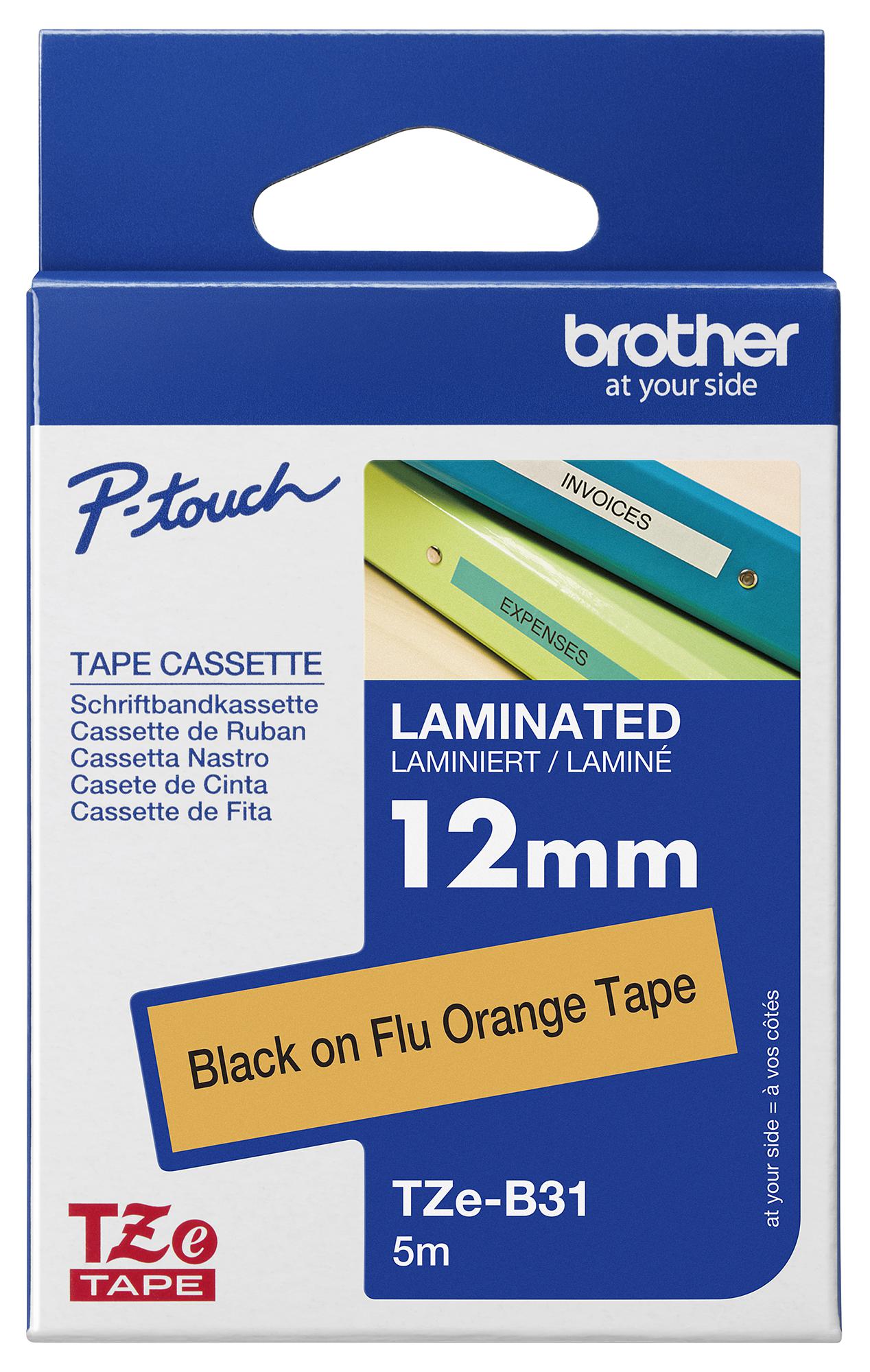 Brother Tze-B31 Tape, Black On Orange, 12mm W, 8M L