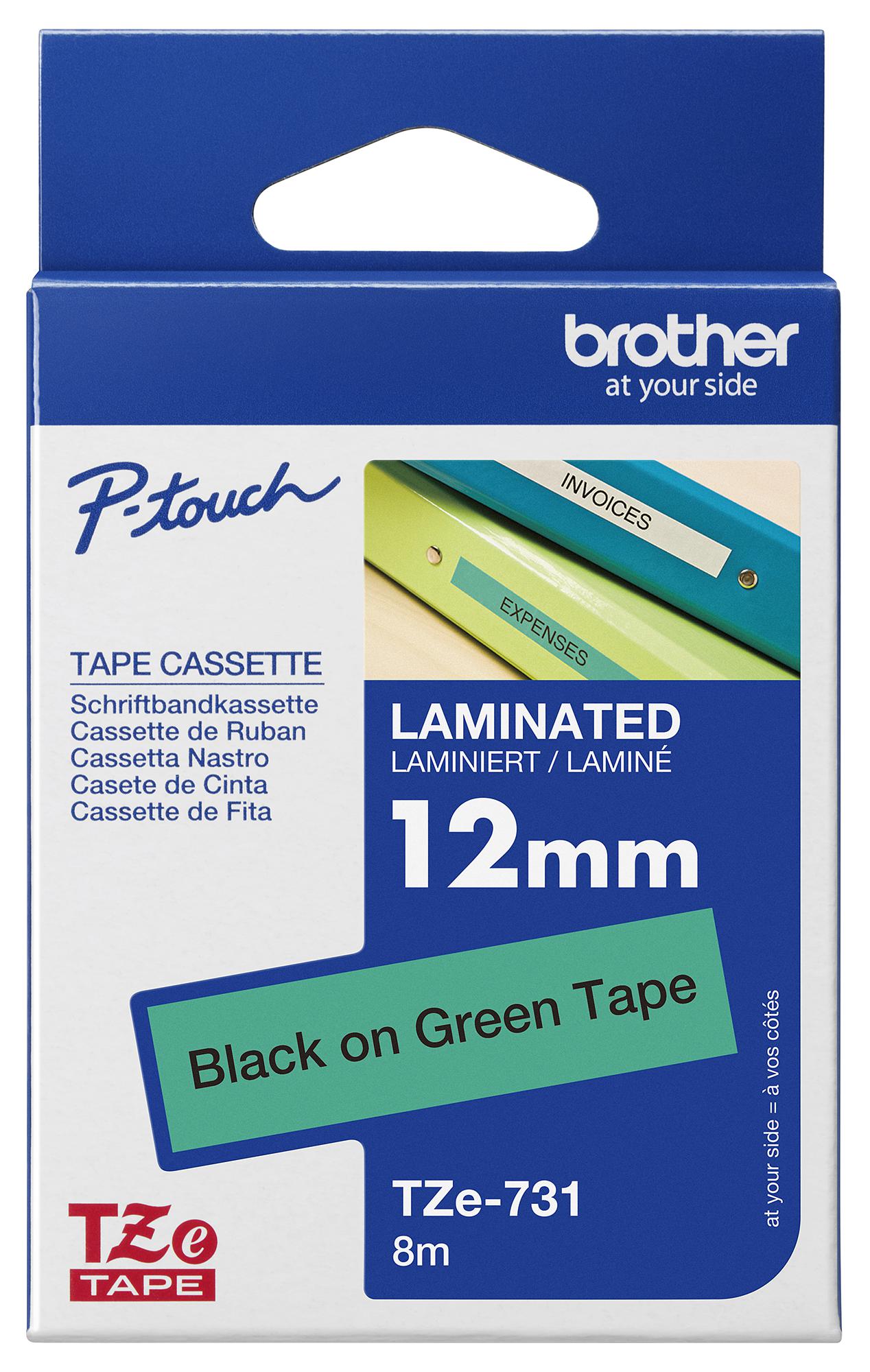 Brother Tze-731 Tape, Black On Green, 12mm W, 8M L