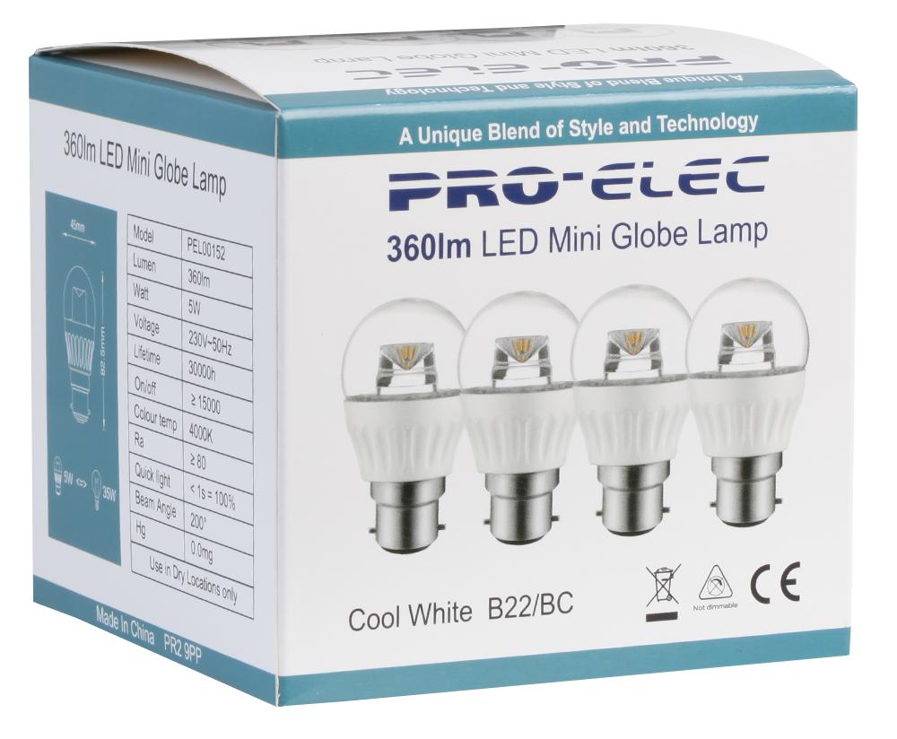 Pro Elec Pel00152 Led Lamp, Clear Globe, 4000K, 320Lm, 30W