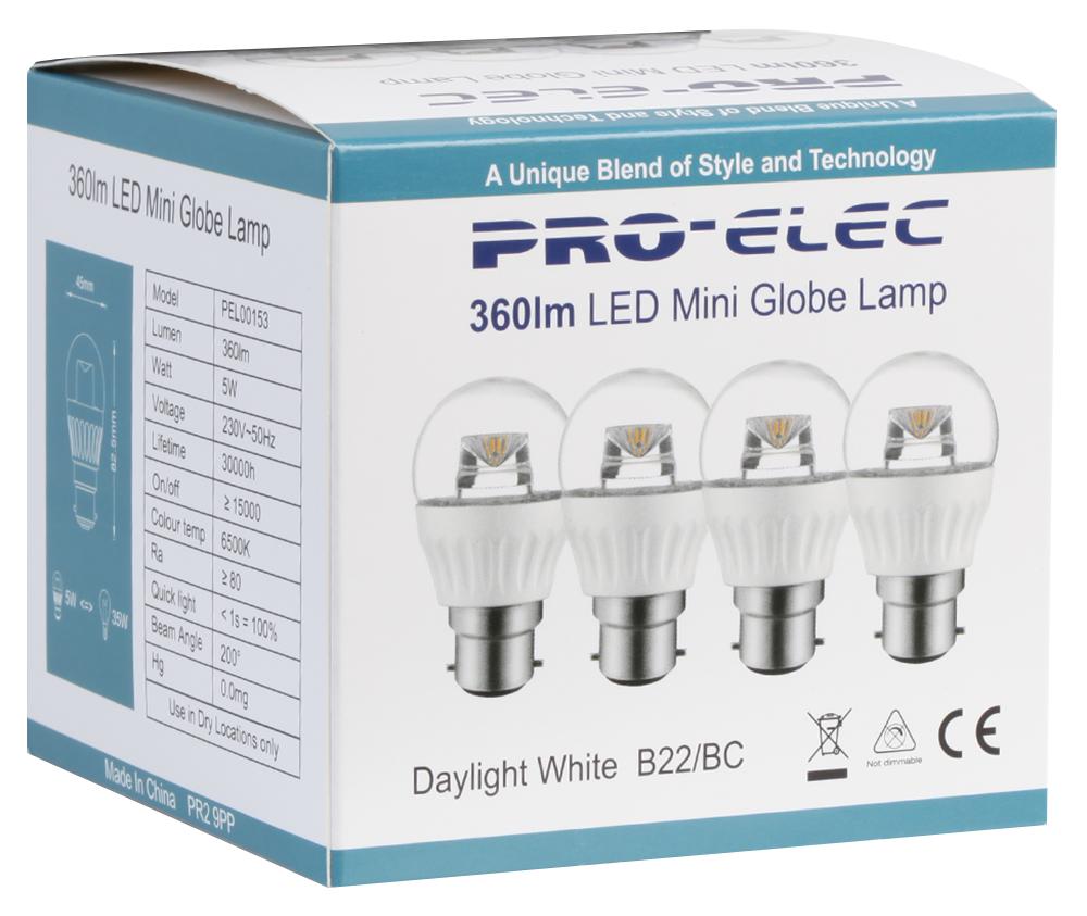 Pro Elec Pel00153 Led Lamp, Clear Globe, 6500K, 320Lm, 30W