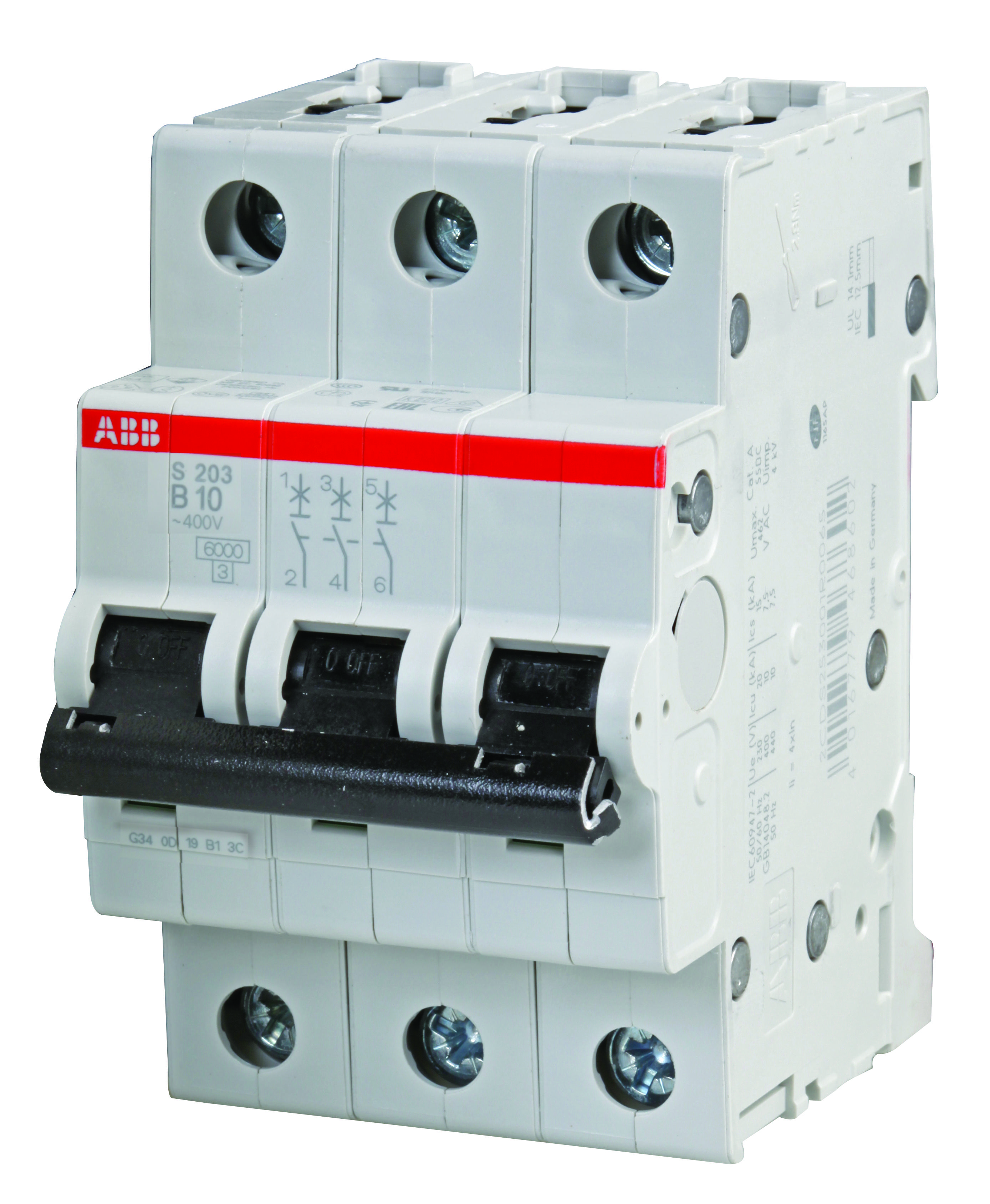 Abb S203-B10 Circuit Breaker, Thermal Mag, 3 Pole