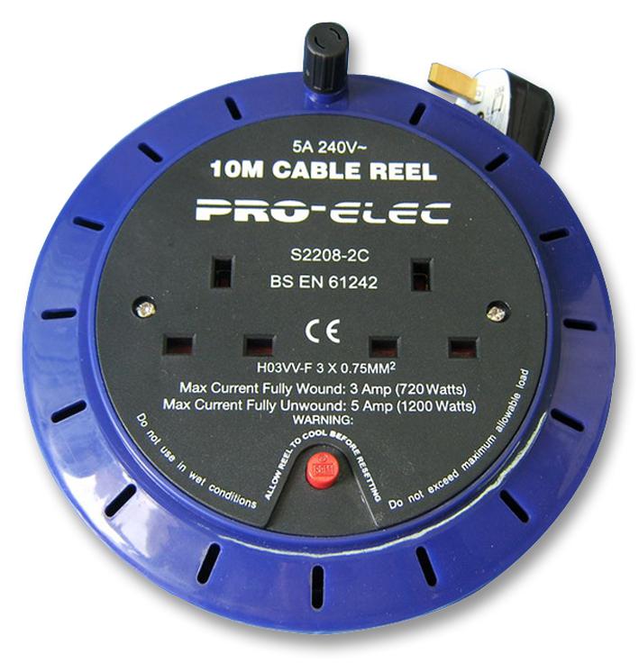 Pro Elec S2208-10M5A Uk Mains Extension Reel, Twin Socket,10M