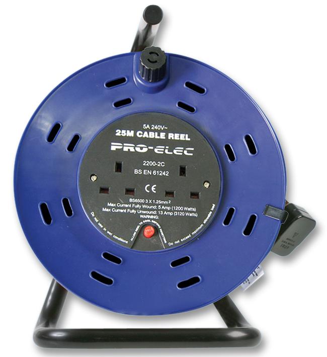 Pro Elec 2200-2-25M Mains Extension Reel, 2 Outlet, Uk, 25M