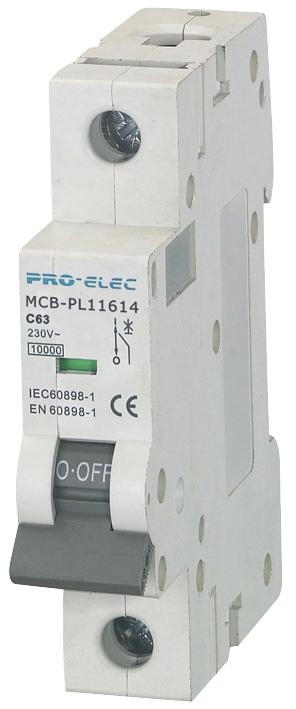 Pro Elec Aub7 1P C63A Thermal Mag Ckt Breaker, 1P, 63A, 230Vac