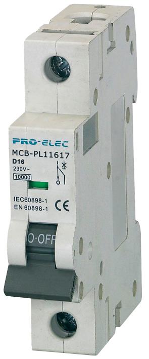 Pro Elec Aub7 1P D16A Thermal Mag Ckt Breaker, 1P, 16A, 230Vac