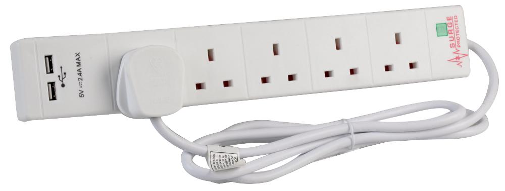 Pro Elec 2068U Wht Ext Lead 5 Gang With Usb Surge Wht 2M