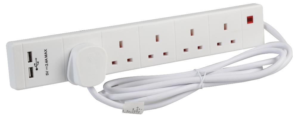 Pro Elec 2068Su Wht Ext Lead 5 Gang With Usb Wht 2M