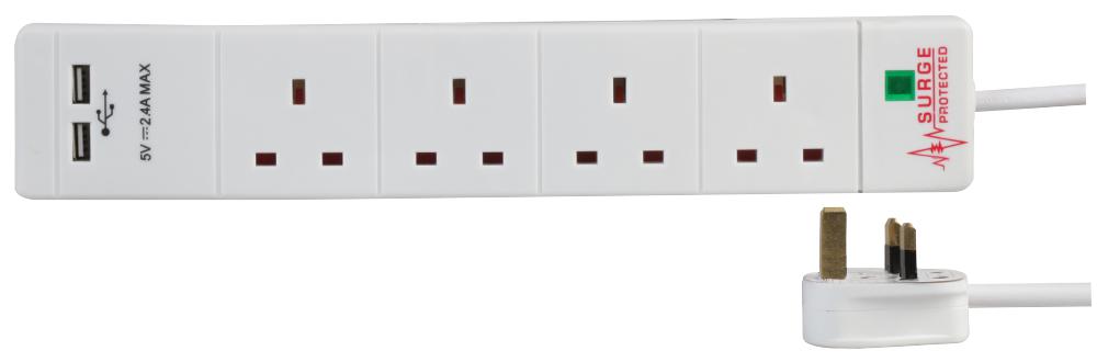 Pro Elec Pel00096 Extension 4 Gang Surge, 2 Usb, White 1M