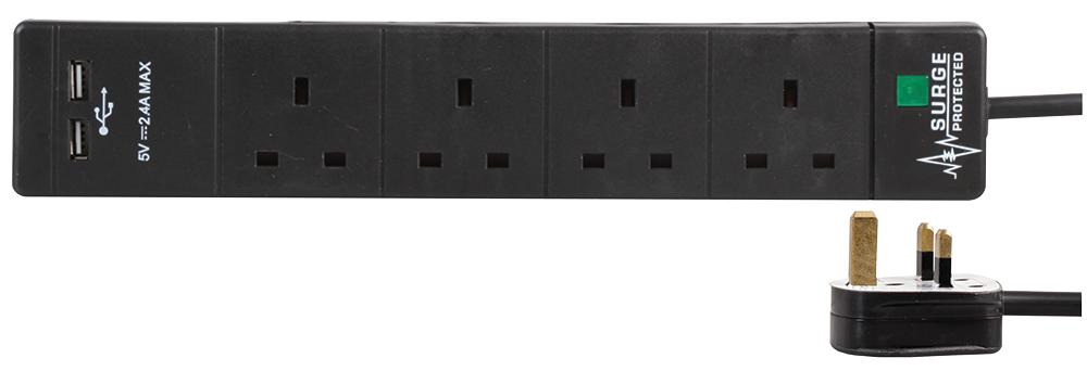 Pro Elec Pel00103 Extension 4 Gang Surge, 2 Usb, Black 5M