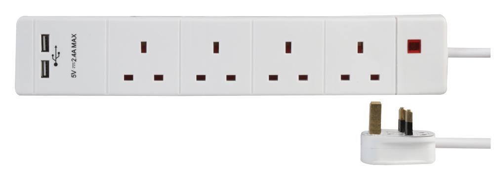 Pro Elec Pel00105 Extension 4 Gang With 2 Usb, White 2M