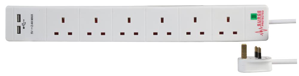 Pro Elec Pel00115 Extension 6 Gang 2 Usb Surge, White 5M