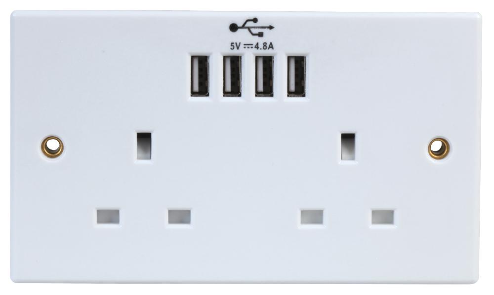 Pro Elec 2248U 2-Gang Unswitched Socket, 4 X Usb, 4.8A