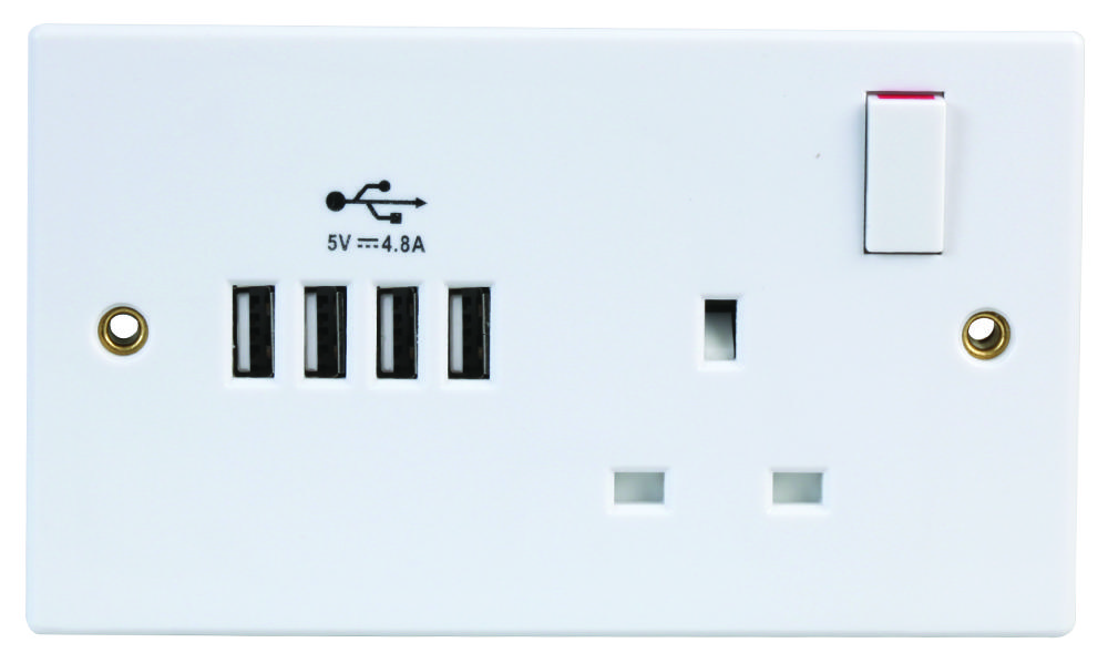 Pro Elec 1648U 1-Gang Switched Socket 4 X Usb, 4.8A