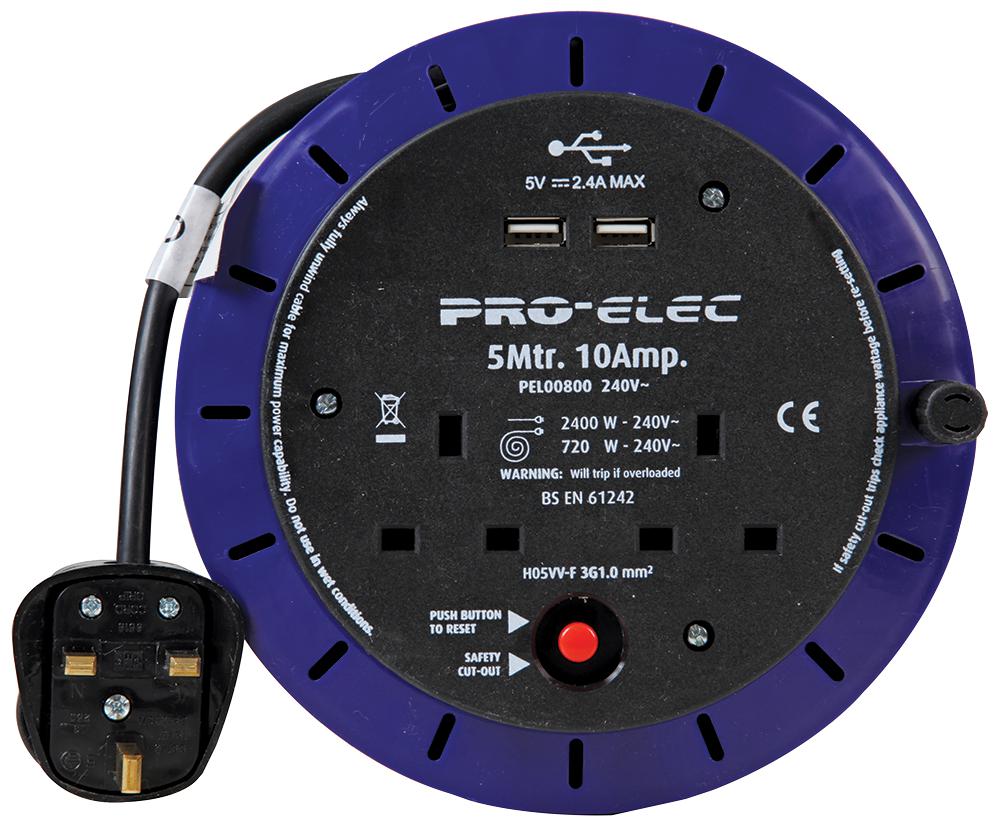 Pro Elec Pel00800 Cassette Reel, 2-Gang, 10A With Usb 5M