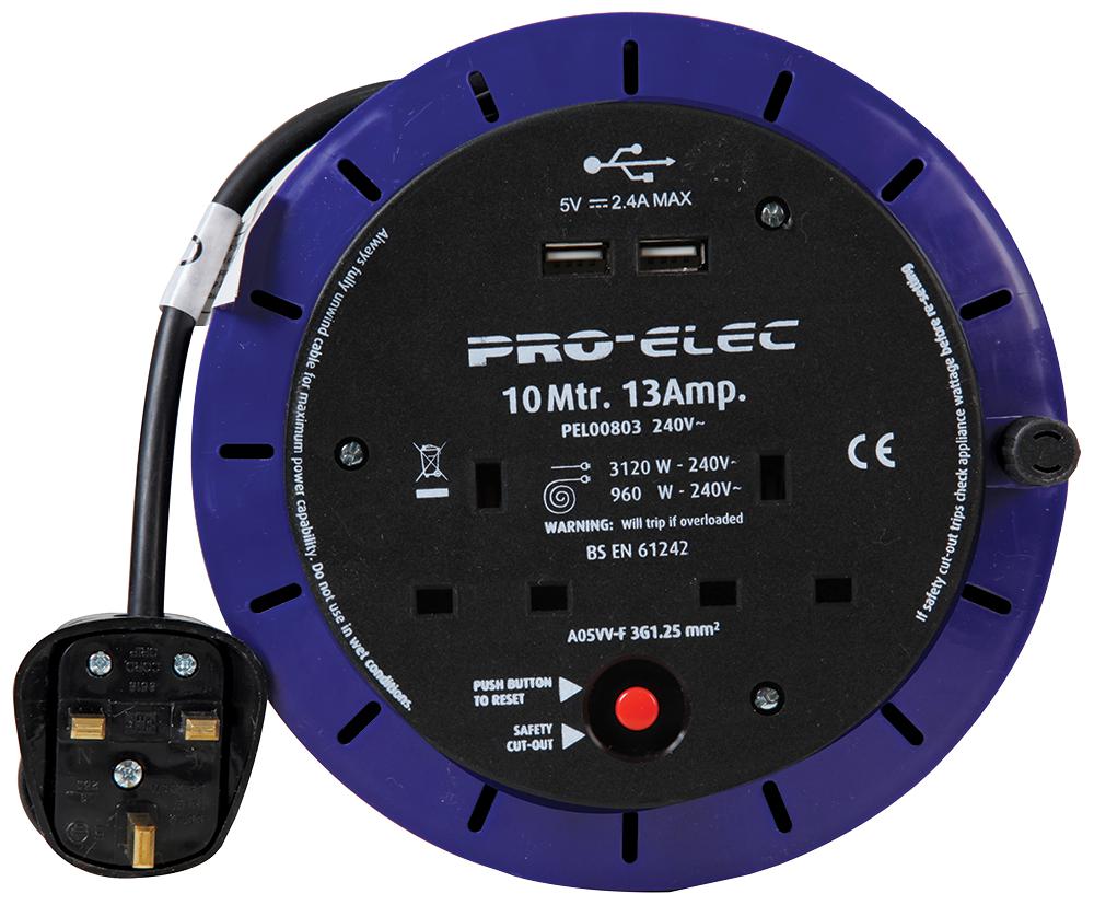 Pro Elec Pel00803 Cassette Reel, 2-Gang, 13A With Usb 10M