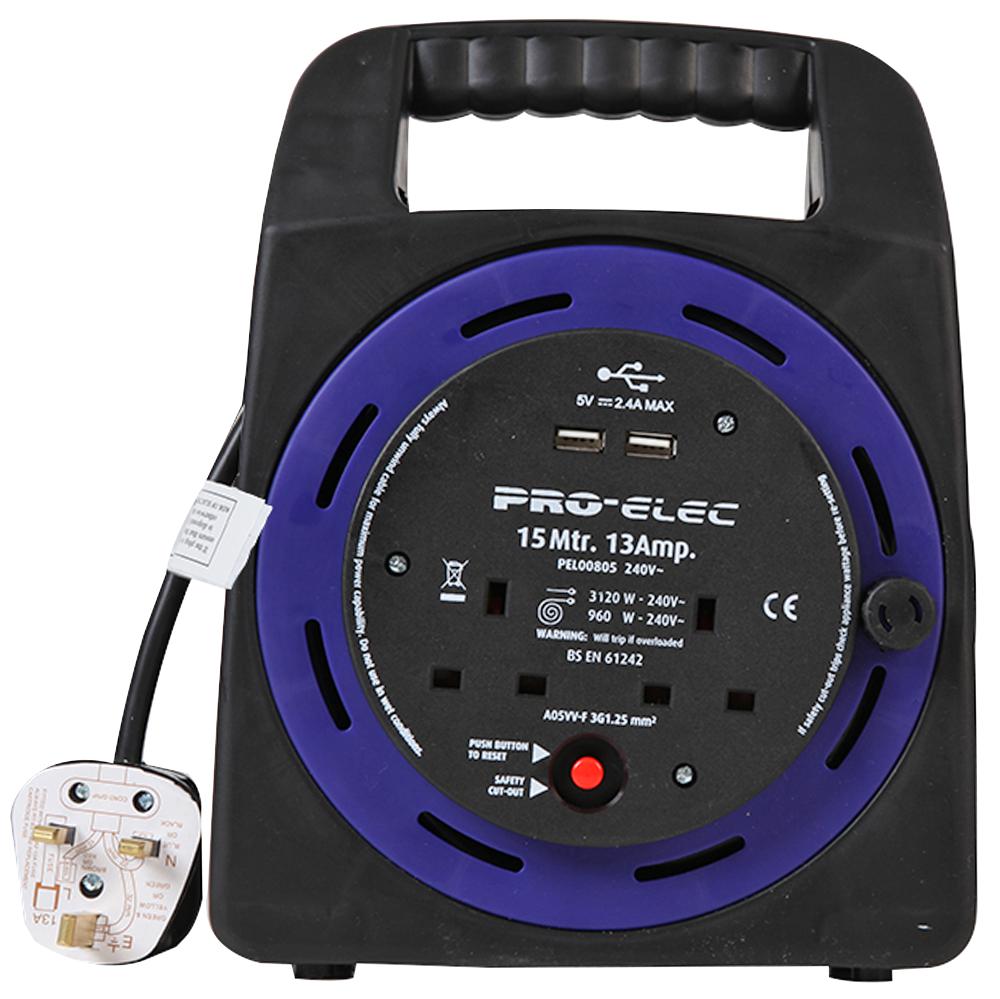 Pro Elec Pel00805 Handbag Reel, 2-Gang, 13A With Usb 15M