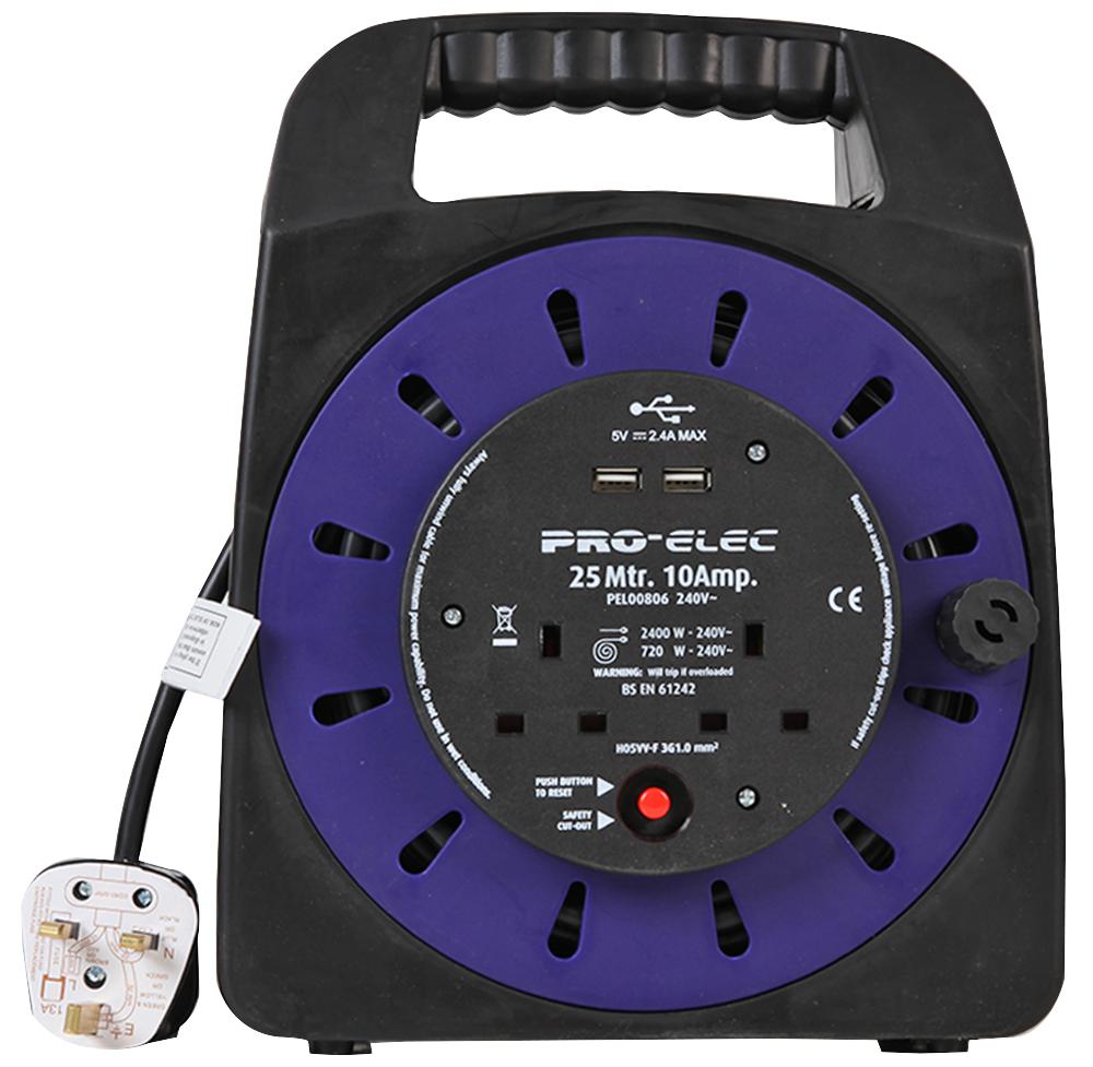 Pro Elec Pel00806 Handbag Reel, 2-Gang, 10A With Usb 25M