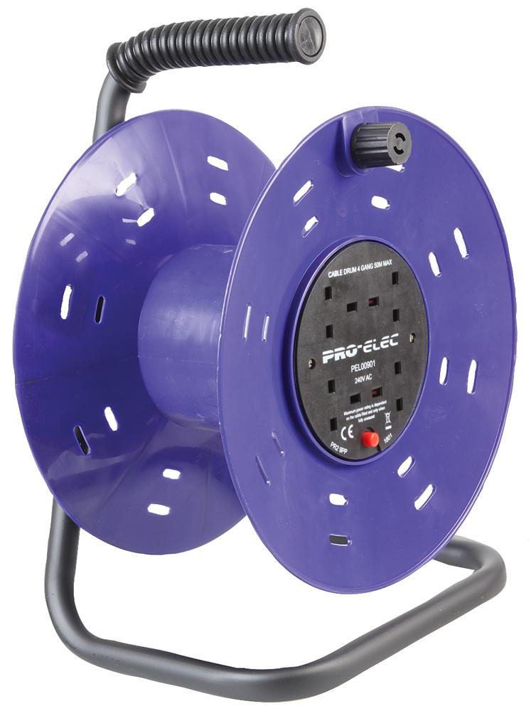 Pro Elec Pel00901 Cable Reel Drum, 4Gang, 50M L, Plastic