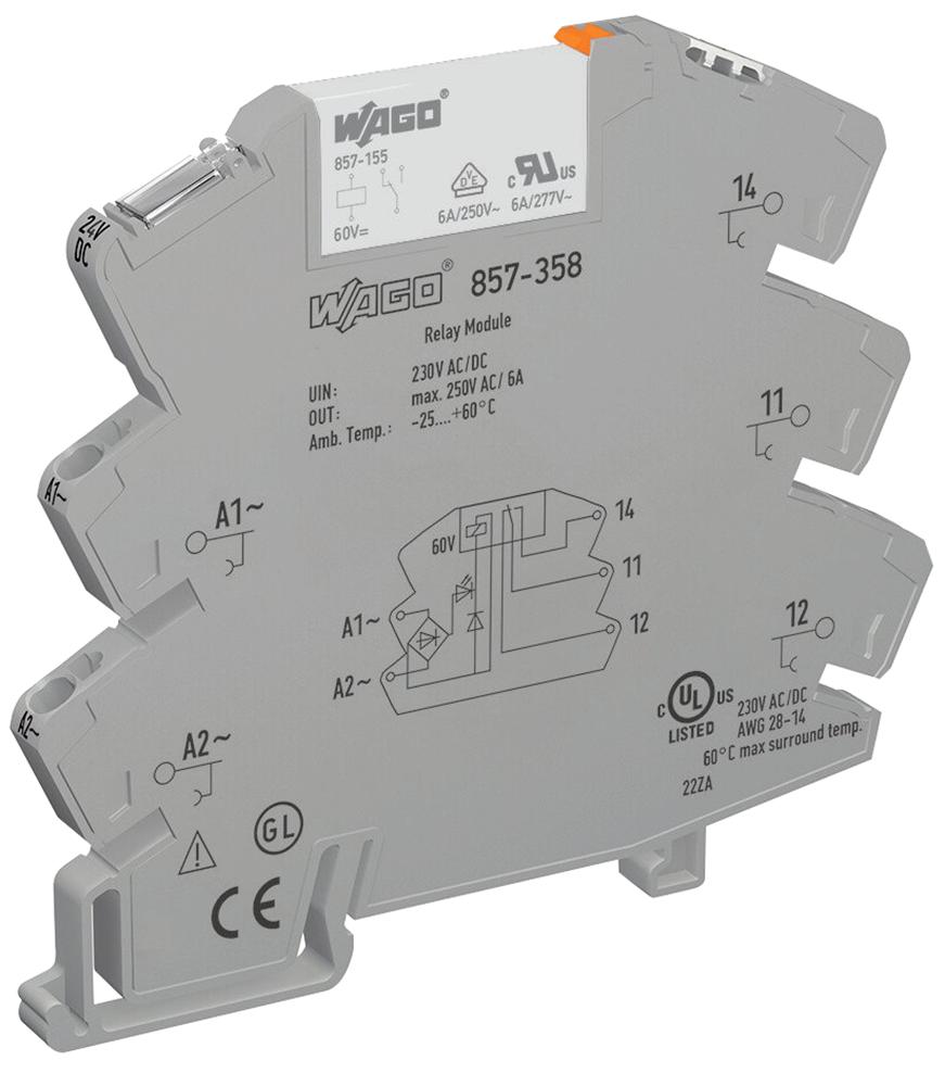 WAGO 857-358 Relay Module, 1Ch/o, 230Vac/dc, 6A