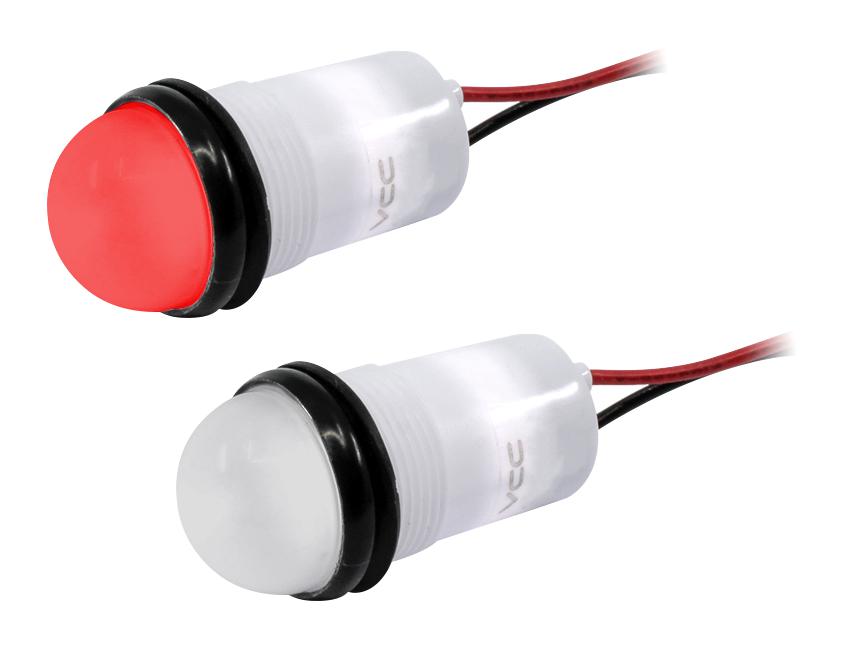 VCC (Visual Communications Company) Pml50Srfvw .688 Dia (17.5mm) Red Led Panel Mount Indicator With Semi Dome Flex Voltage Wire Leads 02Ah9198