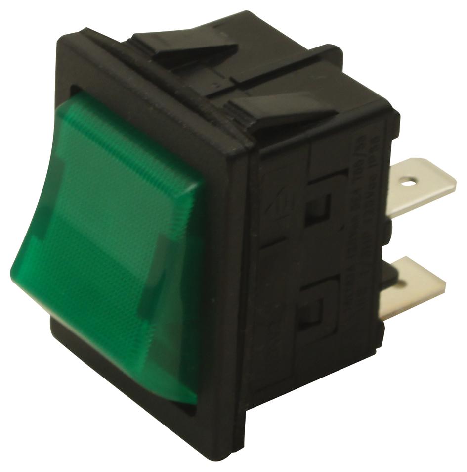 E-Switch Rbw2Ablkgilef1. Illuminated Rocker Switch, Dpst, 16A, 125Vac, Green