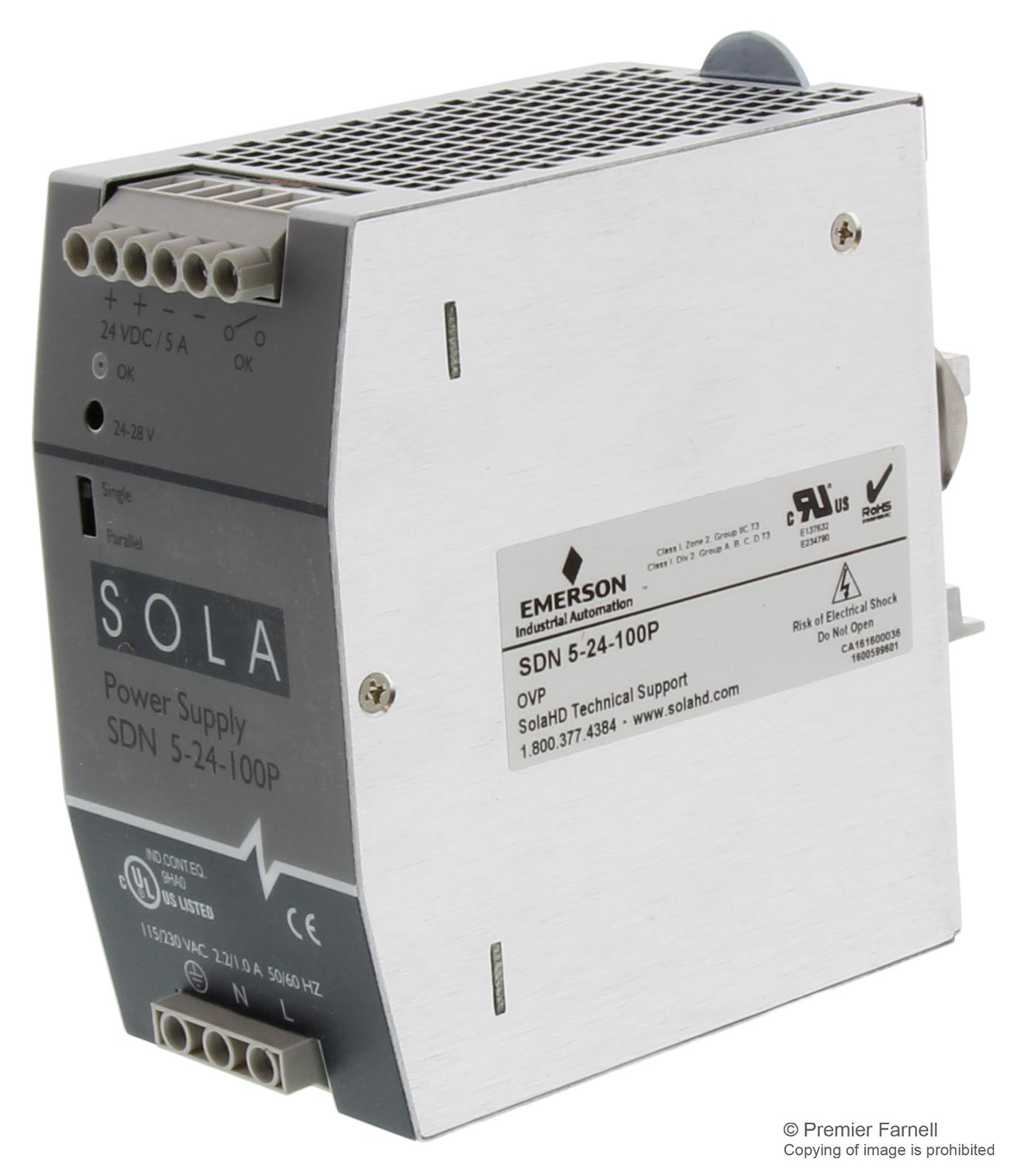 SolaHD Sdn 5-24-100P Ac/dc Converter, Din Rail, 1 O/p, 264Vac, 24V