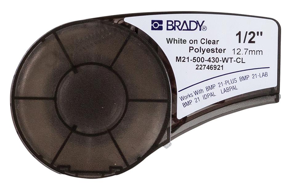 Brady M21-500-430-Wt-Cl. Labeling Tape, Poly, 0.5 X 21Ft, White/clear