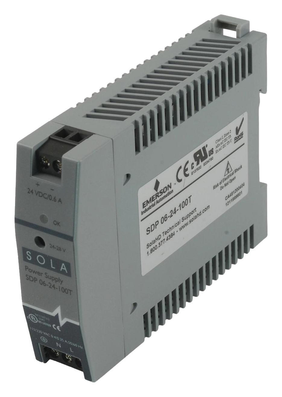 SolaHD Sdp06-24-100T Ac-Dc Converter, Din Rail, 1 O/p, 14.4W, 600Ma, 24V