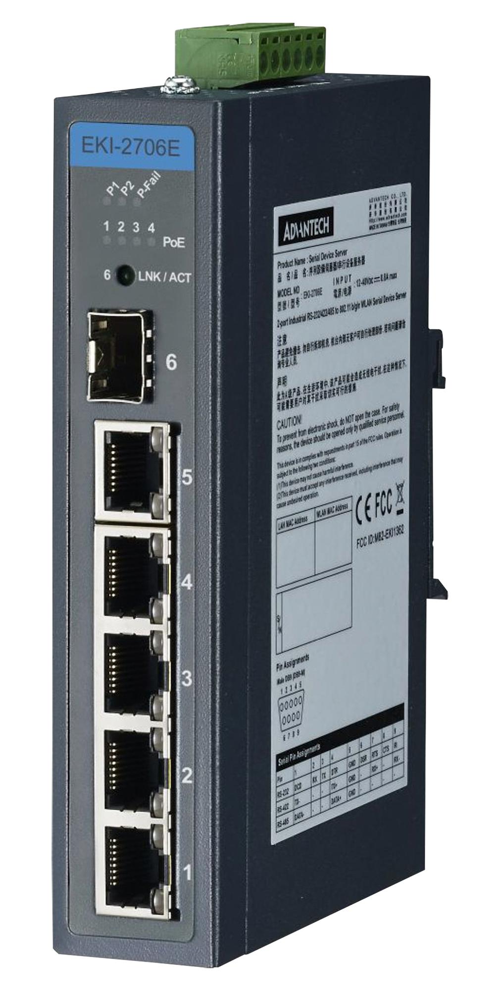 Advantech Eki-2706E-1Gfpi-Bu Ethernet Switch, 6 Port, Din Rail/wall